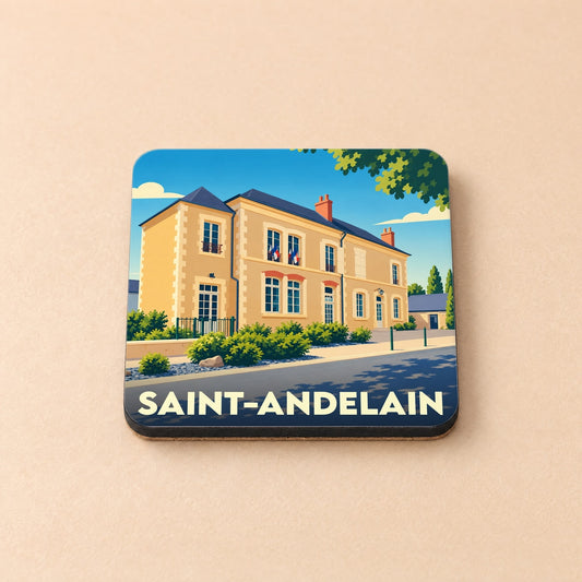 Dessous de verre souvenir de la ville de Saint-Andelain avec une illustration stylisée.