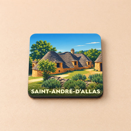 Dessous de verre souvenir de la ville de Saint-André-d'Allas avec une illustration stylisée de cabanes en pierre sèche.