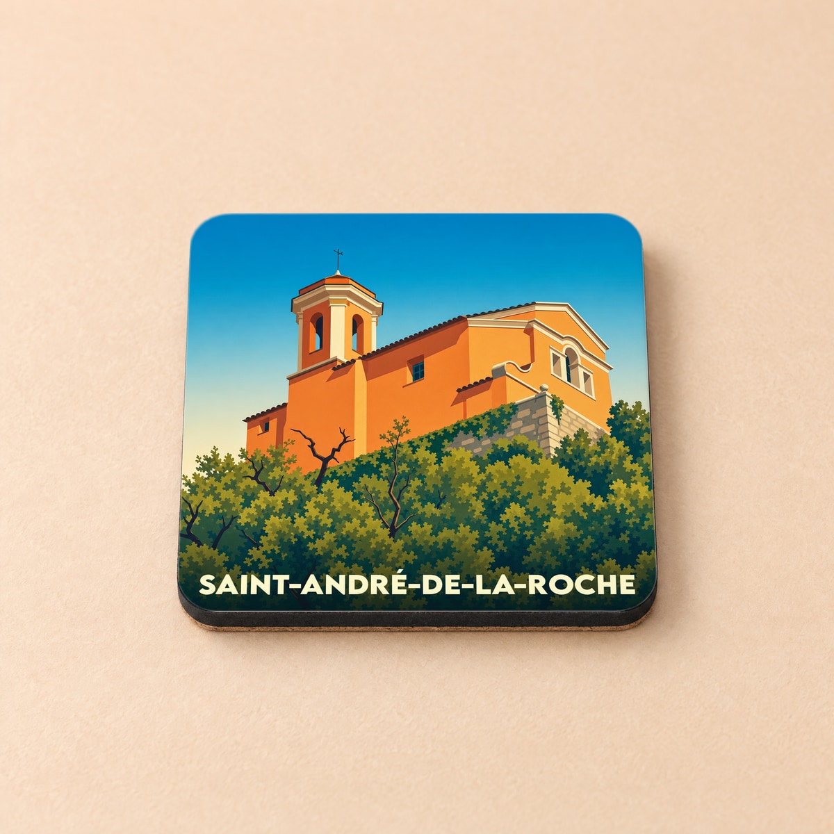 Dessous de verre souvenir de la ville de Saint-André-de-la-Roche avec une illustration stylisée de son église.