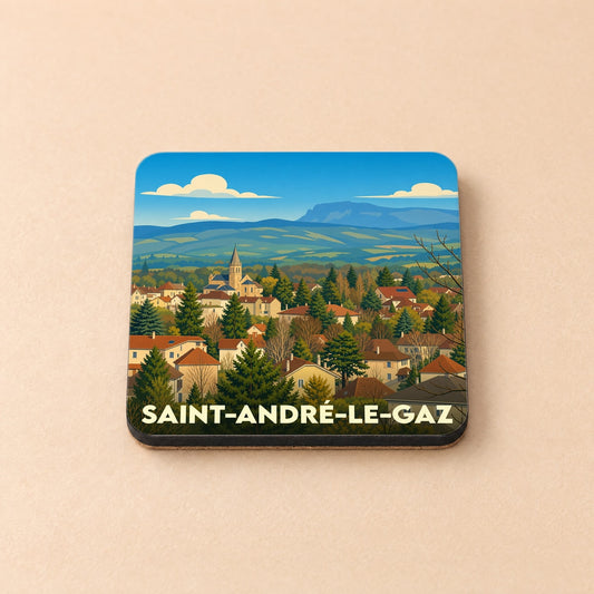 Dessous de verre souvenir de la ville de Saint-André-le-Gaz avec une illustration stylisée.
