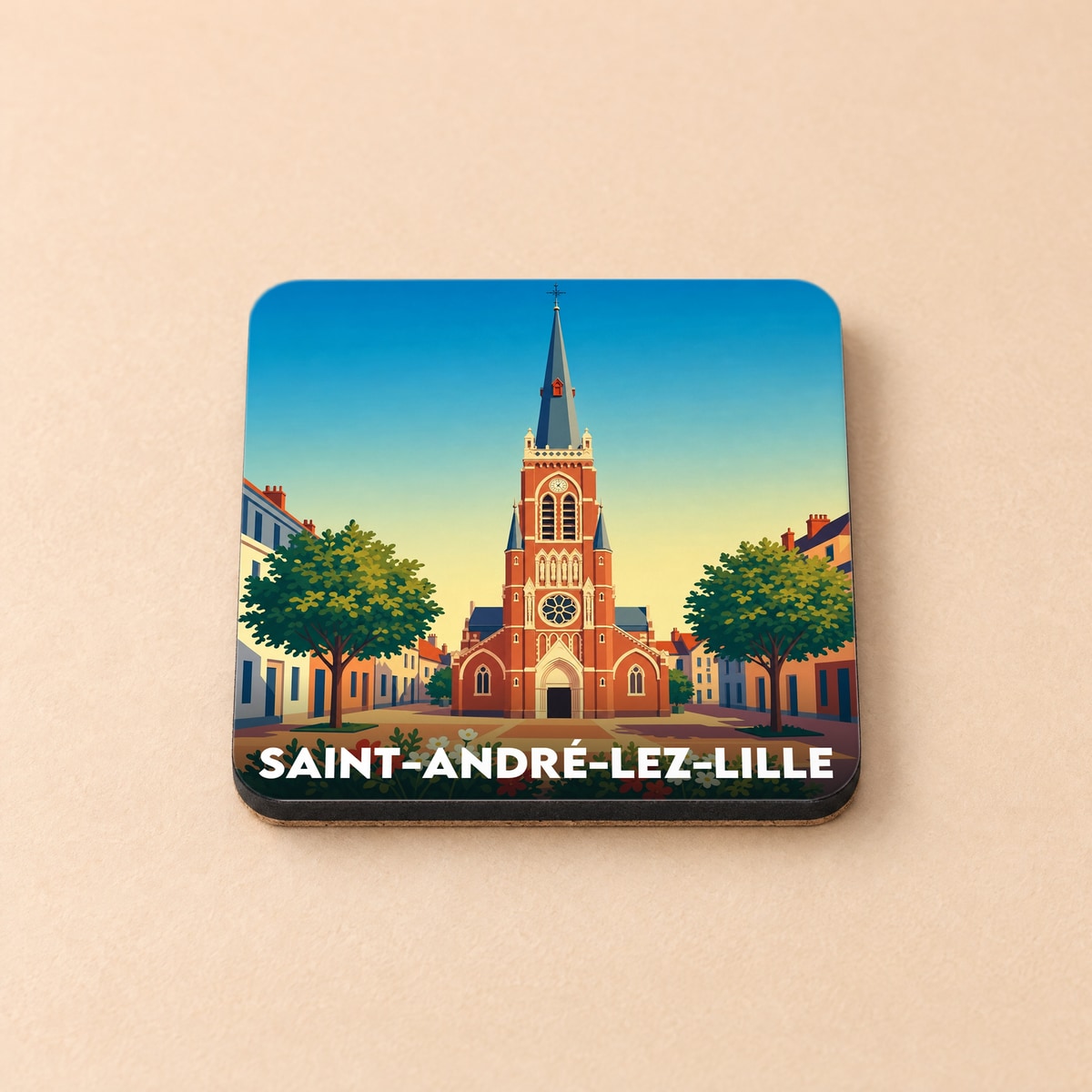 Dessous de verre souvenir de la ville de Saint-André-lez-Lille avec une illustration stylisée de son église.