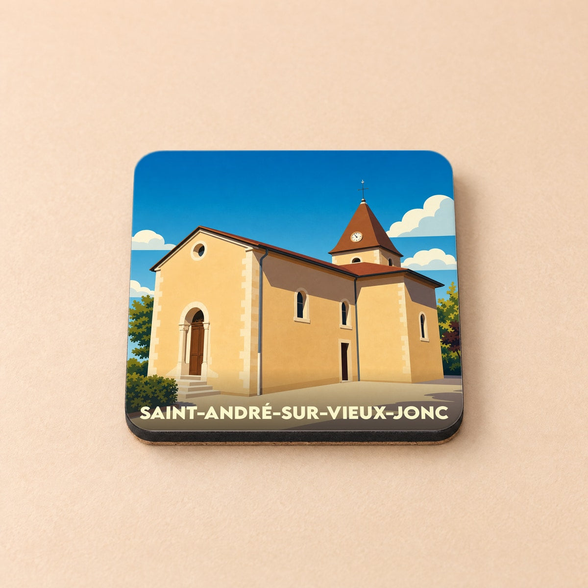 Dessous de verre souvenir de la ville de Saint-André-sur-Vieux-Jonc avec une illustration stylisée de son église.