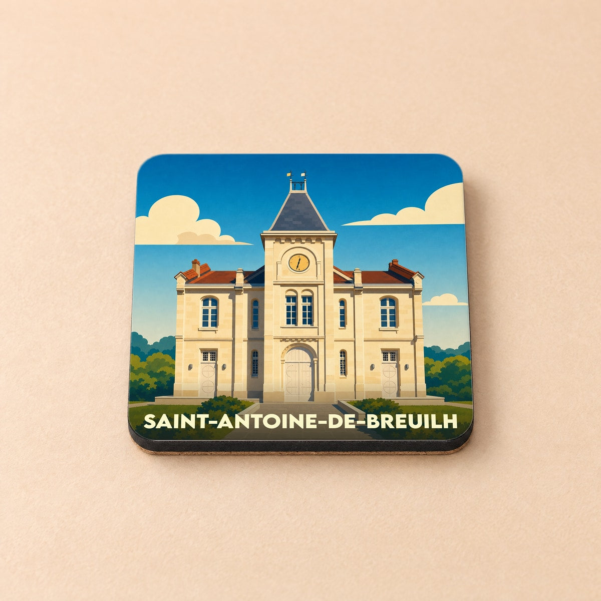 Dessous de verre souvenir de la ville de Saint-Antoine-de-Breuilh avec une illustration stylisée de sa mairie.
