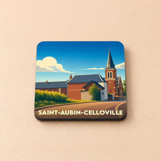Dessous de verre souvenir de Saint-Aubin-Celloville arborant une illustration stylisée de son église et de ses bâtiments.