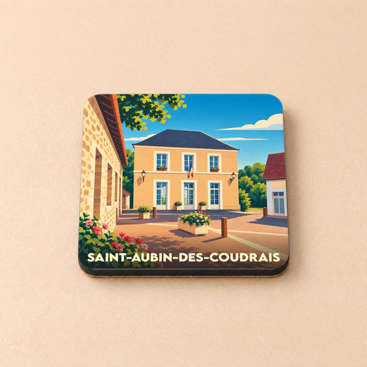 Dessous de verre souvenir de la ville de Saint-Aubin-des-Coudrais avec une illustration stylisée.