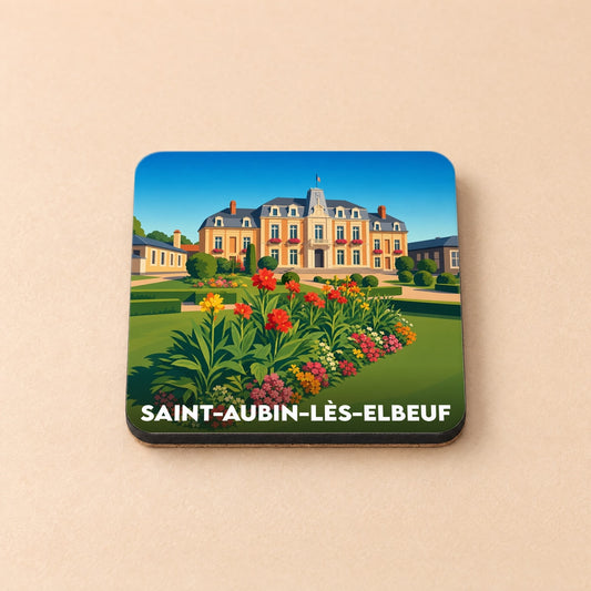 Dessous de verre souvenir de Saint-Aubin-lès-Elbeuf illustré par une vue stylisée d'un manoir et ses jardins fleuris.