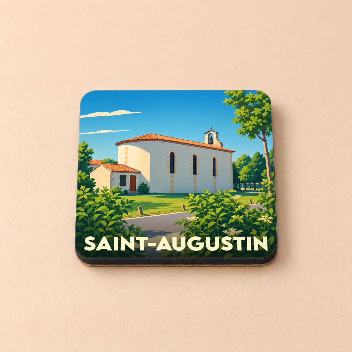 Dessous de verre souvenir de la ville de Saint-Augustin avec une illustration stylisée de son église sous un ciel bleu.