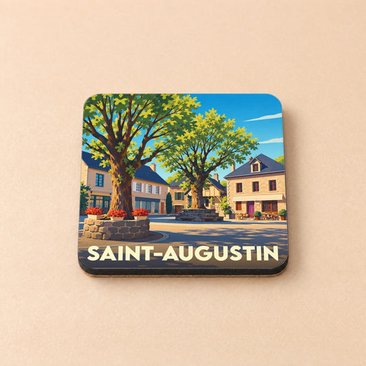 Dessous de verre souvenir de la ville de Saint-Augustin avec une illustration stylisée d'une place arborée.