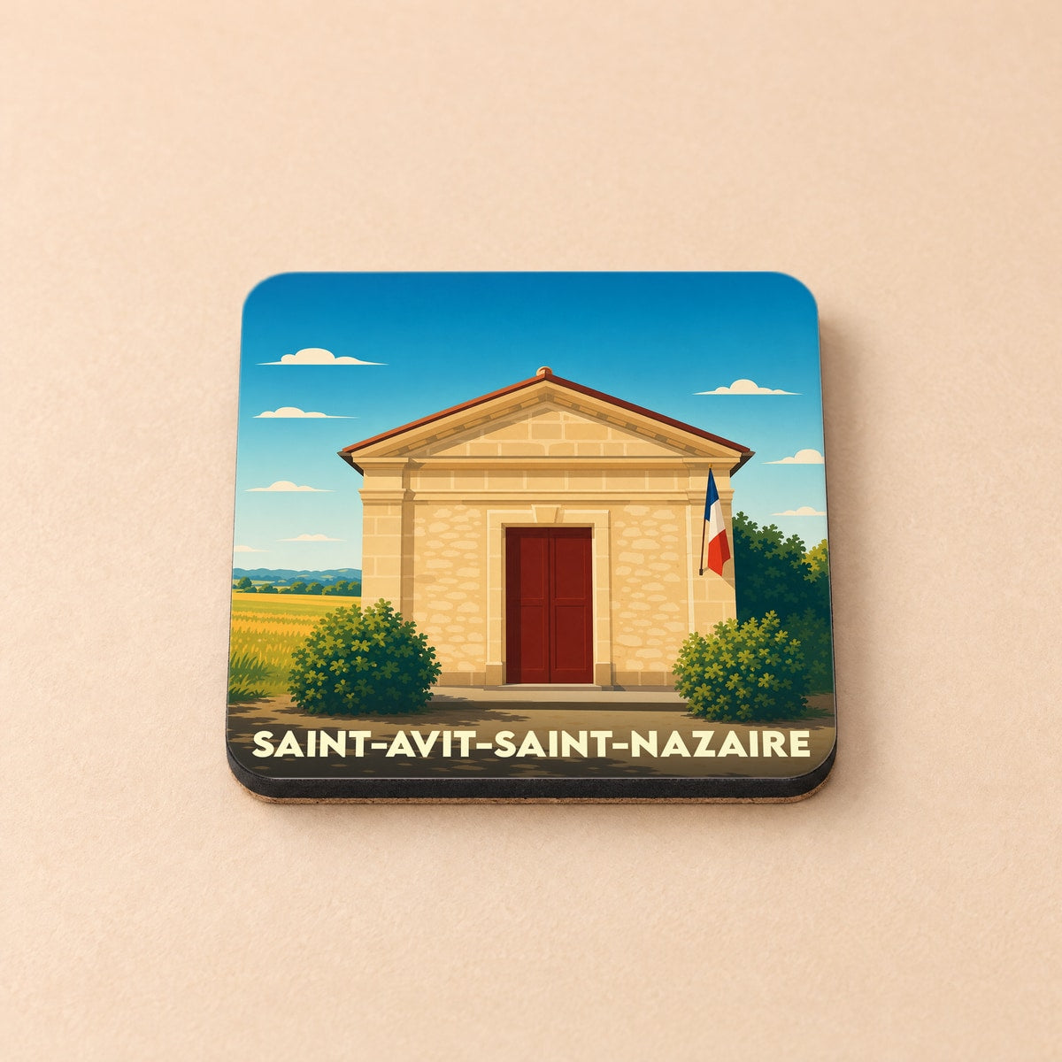 Dessous de verre souvenir de la ville de Saint-Avit-Saint-Nazaire avec une illustration stylisée d'un bâtiment traditionnel.