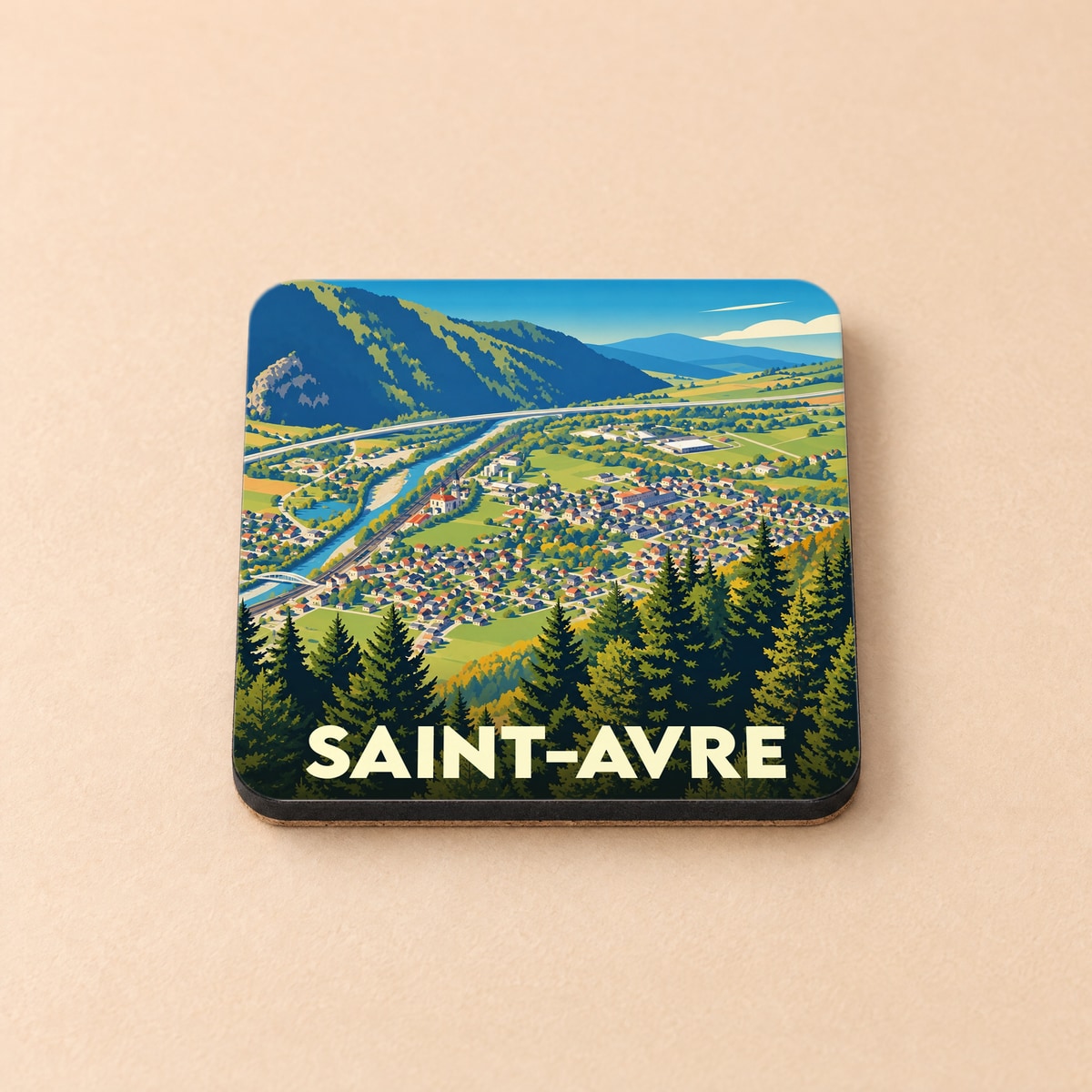 Dessous de verre souvenir de la ville de Saint-Avre avec une illustration panoramique stylisée.