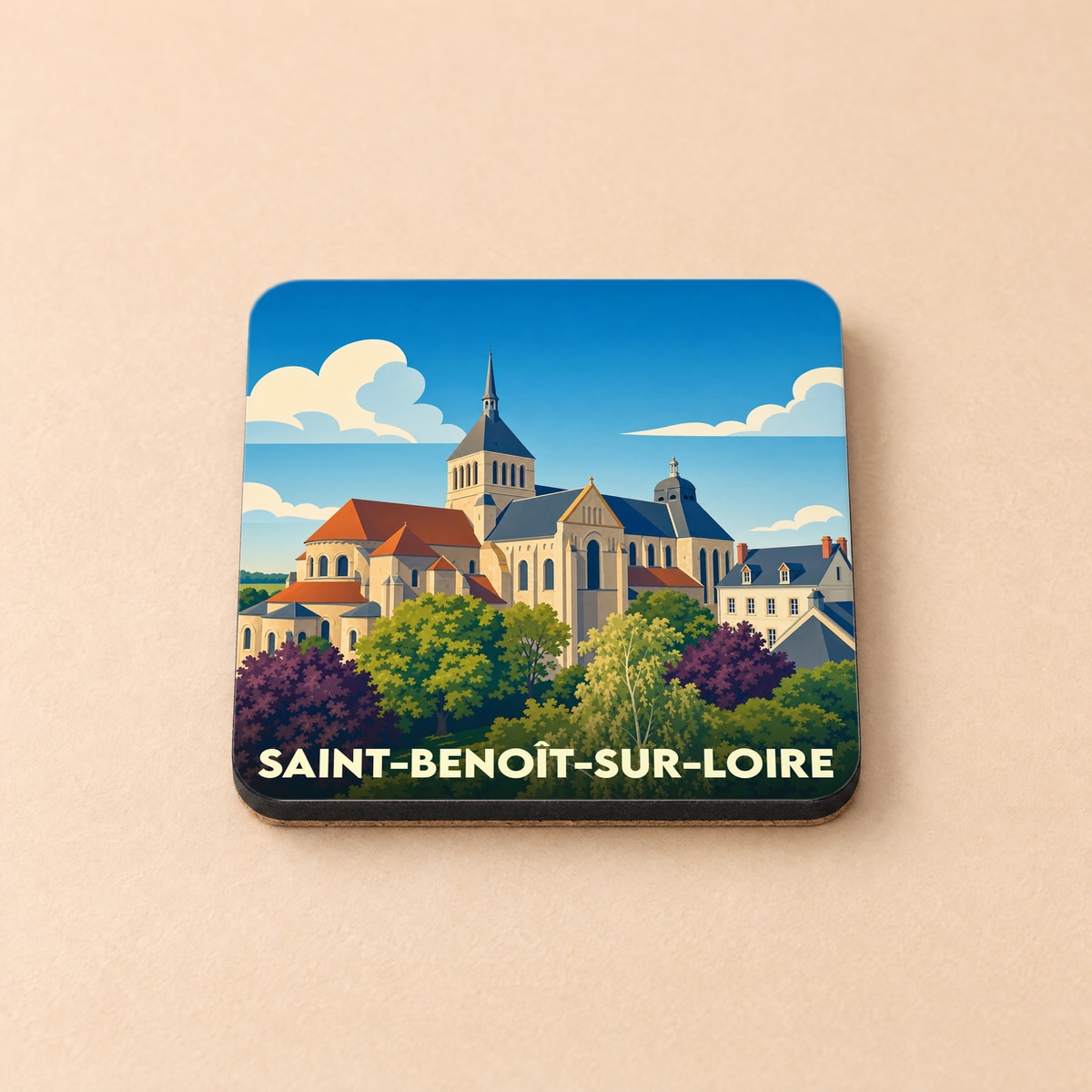 Dessous de verre souvenir de la ville de Saint-Benoît-sur-Loire avec une illustration stylisée de son abbaye.