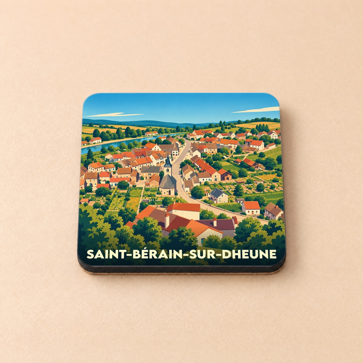 Dessous de verre souvenir de Saint-Bérain-sur-Dheune avec une illustration stylisée du village.