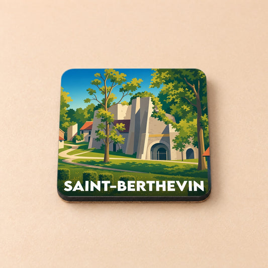 Dessous de verre souvenir de la ville de Saint-Berthevin avec une illustration stylisée d'un four à chaux entouré de verdure.