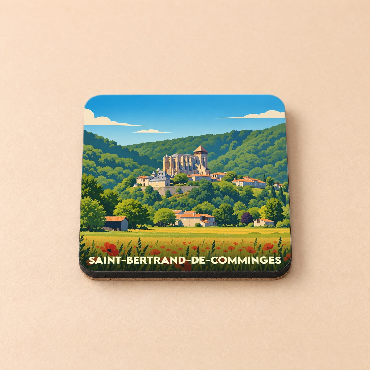 Dessous de verre souvenir de la ville de Saint-Bertrand-de-Comminges avec une illustration stylisée.