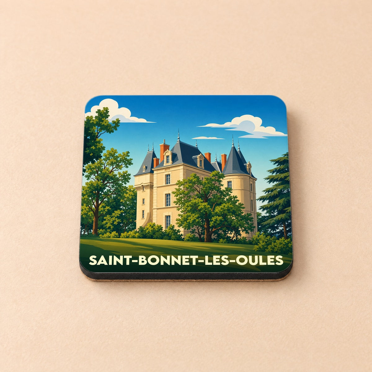 Dessous de verre souvenir de la ville de Saint-Bonnet-les-Oules avec une illustration stylisée d'un château entouré de verdure.