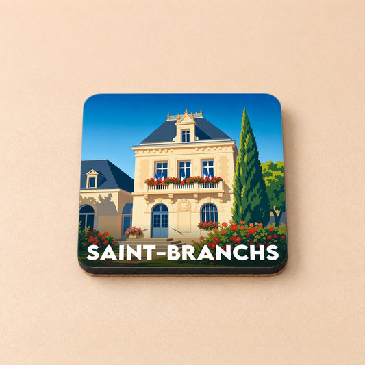 Dessous de verre souvenir de la ville de Saint-Branchs avec une illustration stylisée de la mairie.