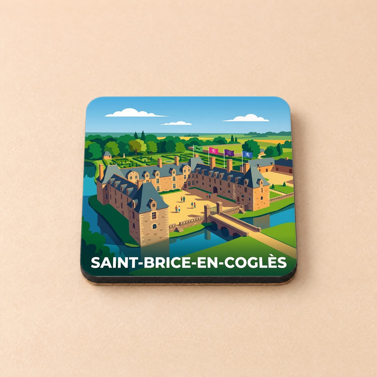 Dessous de verre souvenir de la ville de Saint-Brice-en-Coglès avec une illustration stylisée de son château.