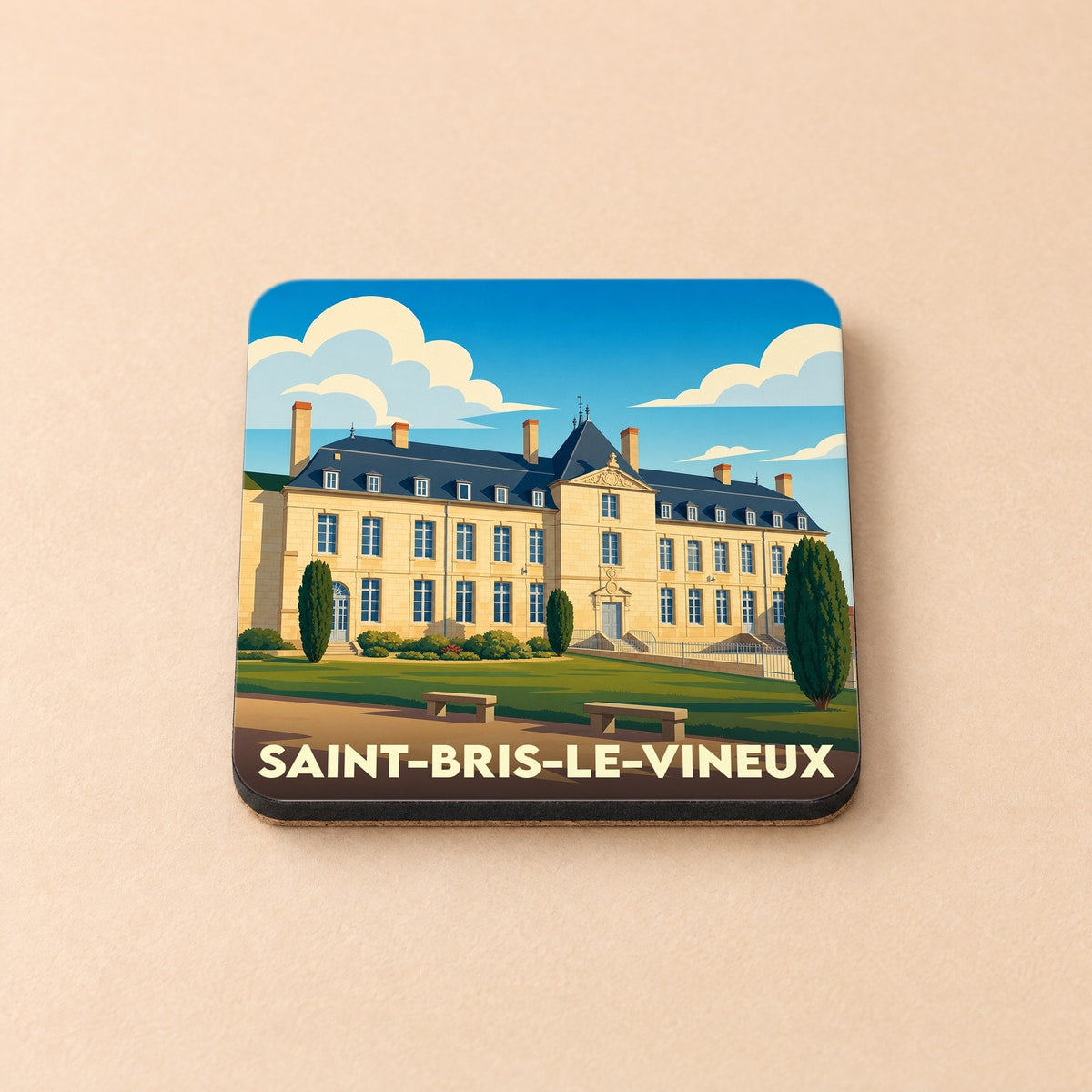 Dessous de verre souvenir de la ville de Saint-Bris-le-Vineux avec une illustration stylisée d'un château.