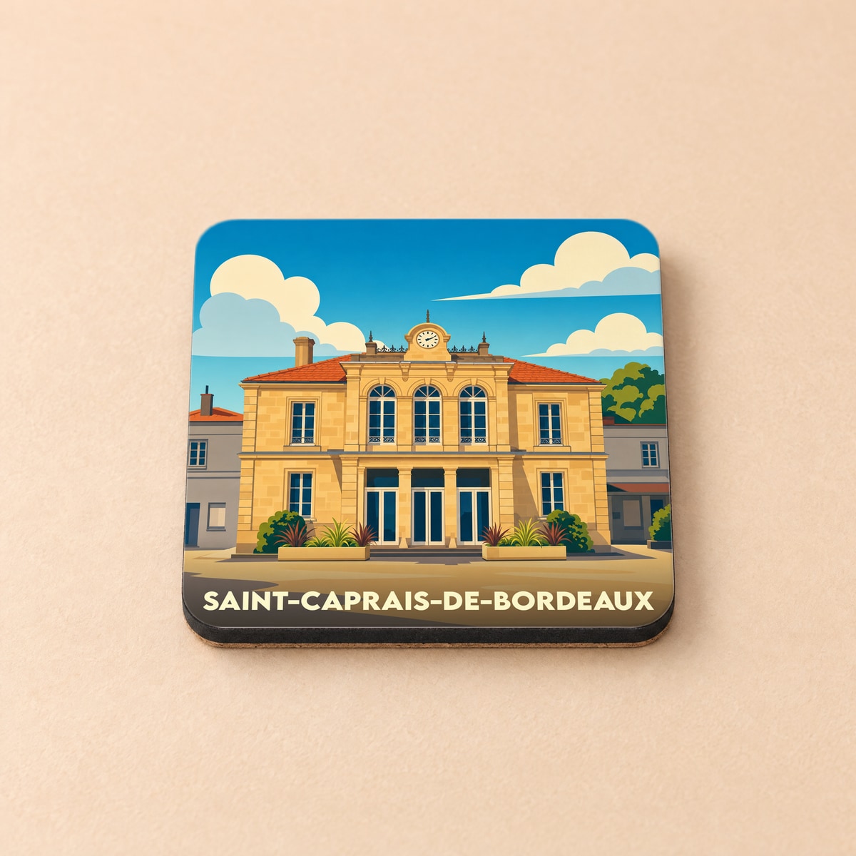 Dessous de verre souvenir de la ville de Saint-Caprais-de-Bordeaux avec une illustration stylisée de sa mairie.