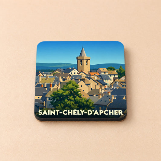 Dessous de verre souvenir de la ville de Saint-Chély-d'Apcher avec une illustration stylisée.