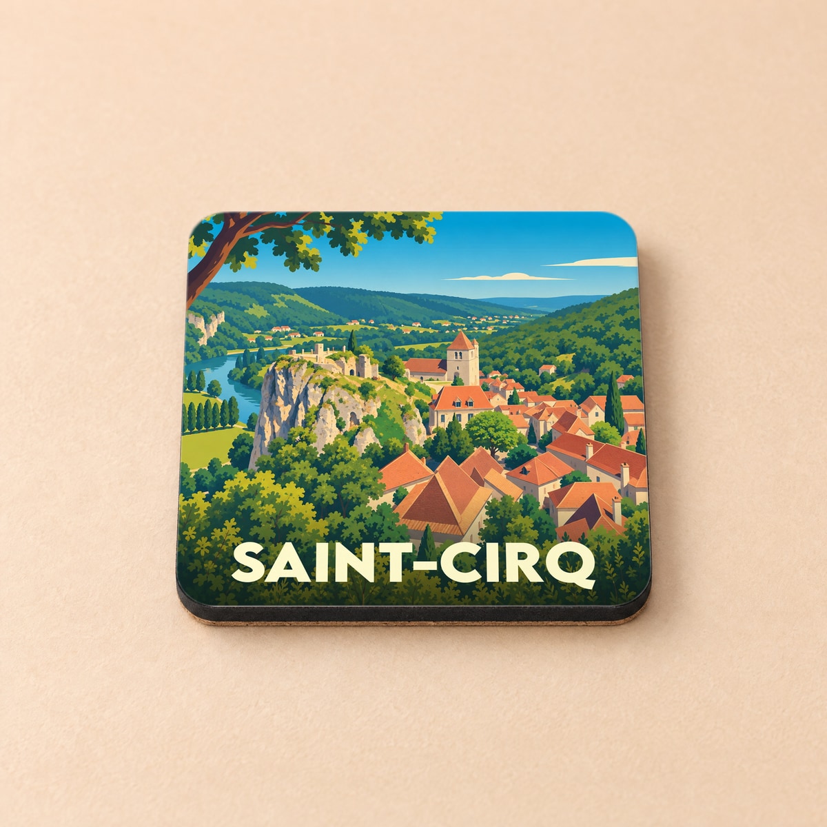 Dessous de verre souvenir de la ville de Saint-Cirq avec une illustration stylisée.
