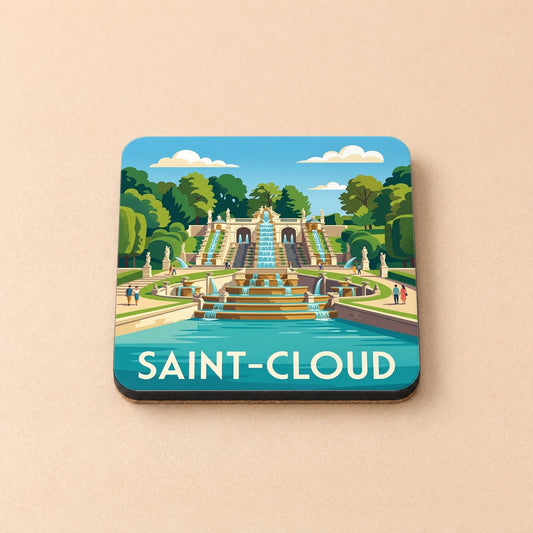 Dessous de verre souvenir de la ville de Saint-Cloud avec une illustration stylisée de la Grande Cascade.