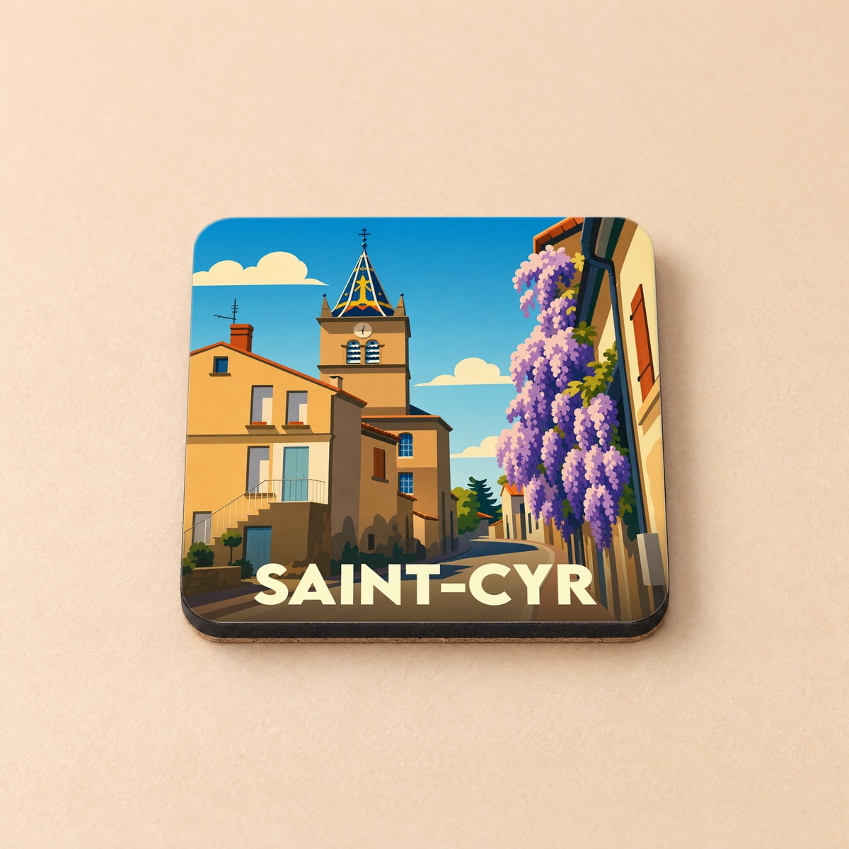 Dessous de verre souvenir de la ville de Saint-Cyr avec une illustration stylisée.