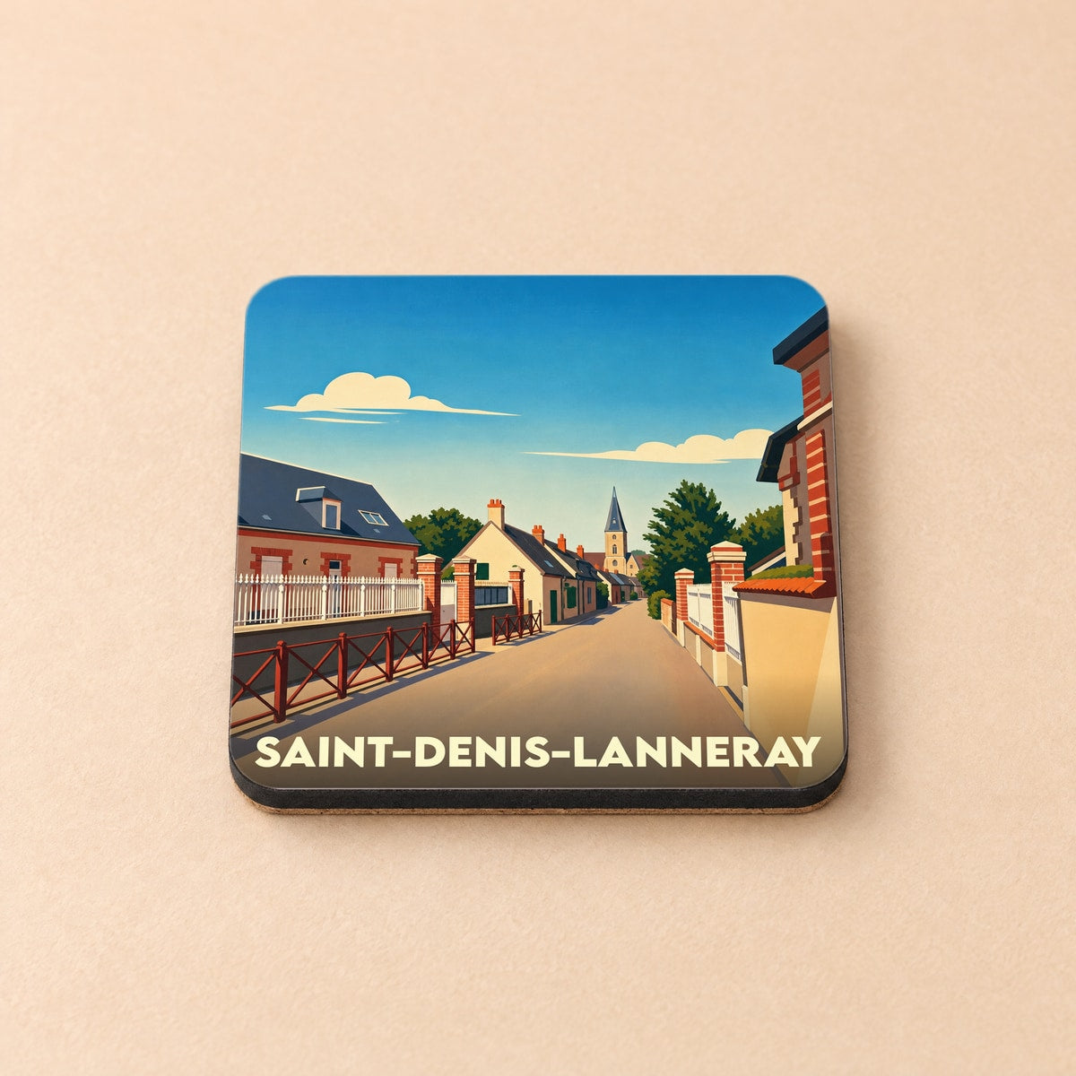Dessous de verre souvenir de la ville de Saint-Denis-Lanneray avec une illustration stylisée.