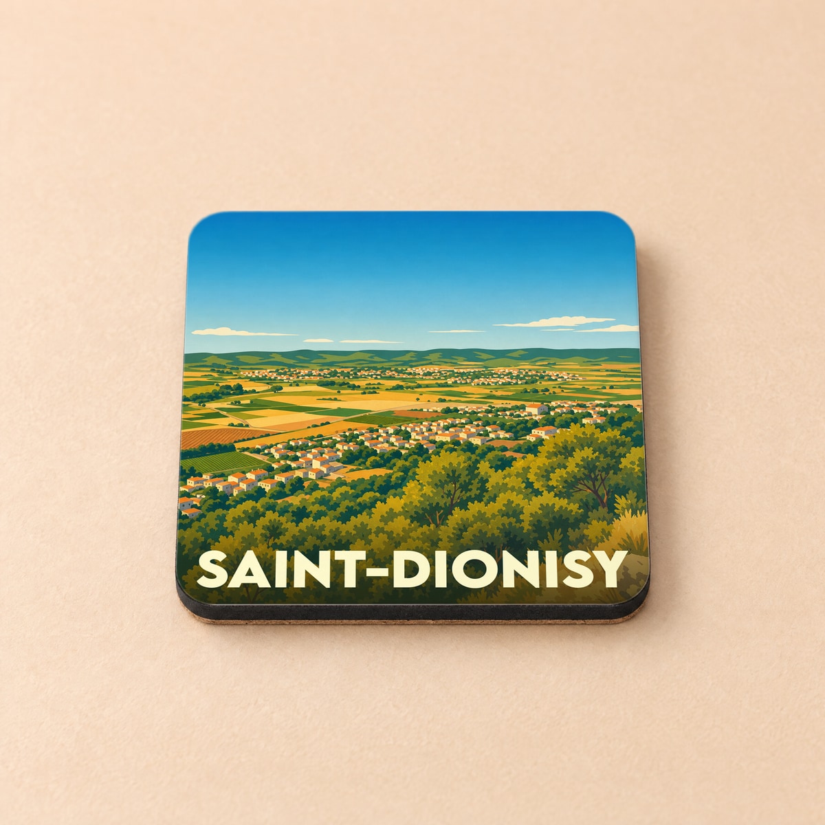 Dessous de verre souvenir de la ville de Saint-Dionisy avec une illustration stylisée de son paysage.