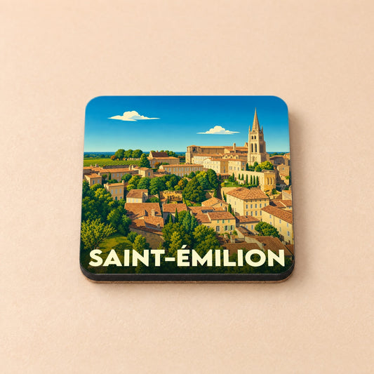 Dessous de verre souvenir de la ville de Saint-Émilion avec une illustration stylisée du village médiéval.