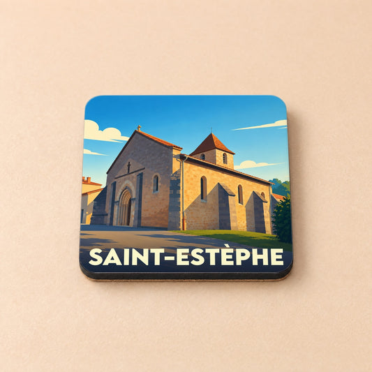 Dessous de verre souvenir de la ville de Saint-Estèphe avec une illustration stylisée de son église romane.