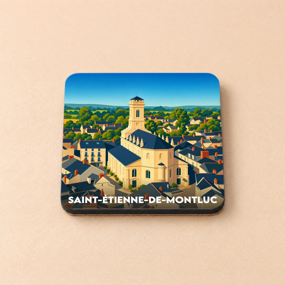 Dessous de verre souvenir de la ville de Saint-Étienne-de-Montluc avec une illustration stylisée.