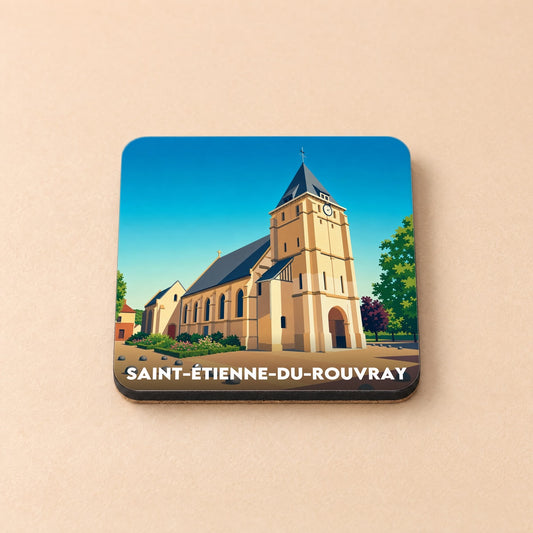 Dessous de verre souvenir de la ville de Saint-Étienne-du-Rouvray avec une illustration stylisée de son église.