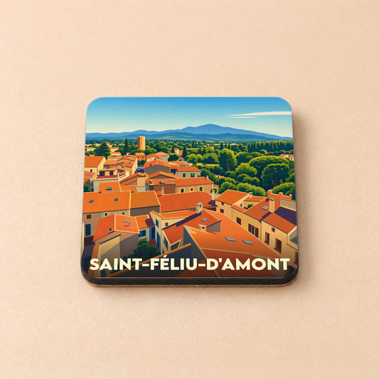 Dessous de verre souvenir de la ville de Saint-Féliu-d'Amont avec une illustration stylisée.