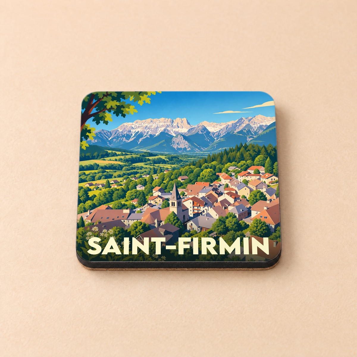 Dessous de verre souvenir de Saint-Firmin arborant une illustration stylisée du village face aux montagnes.