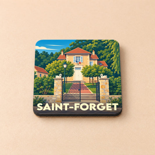Dessous de verre souvenir de la ville de Saint-Forget avec une illustration stylisée d'une demeure entourée de verdure.