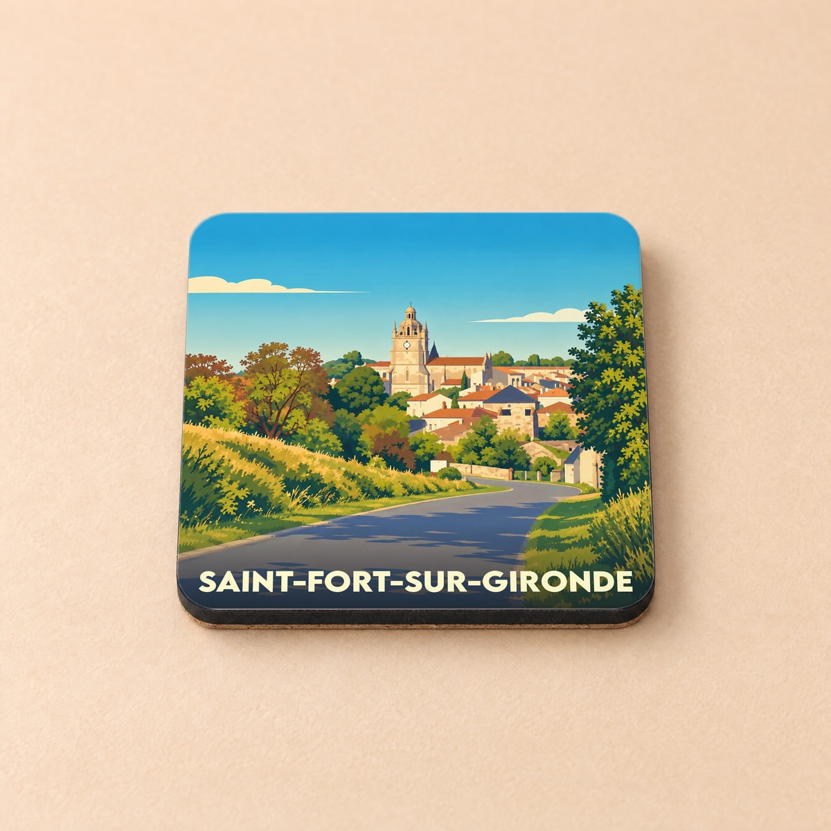 Dessous de verre souvenir de la ville de Saint-Fort-sur-Gironde avec une illustration stylisée.