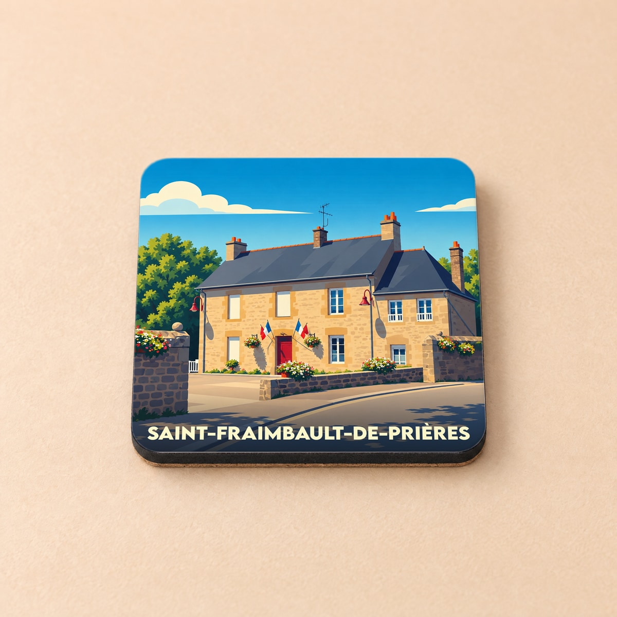 Dessous de verre souvenir de la ville de Saint-Fraimbault-de-Prières avec une illustration stylisée de la mairie.
