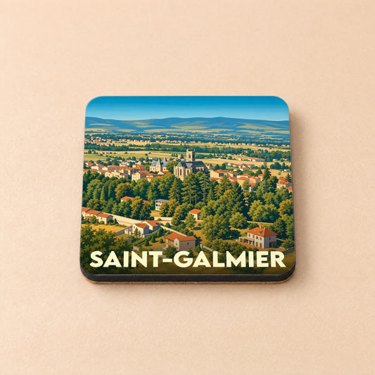 Dessous de verre souvenir de la ville de Saint-Galmier avec une illustration panoramique stylisée.