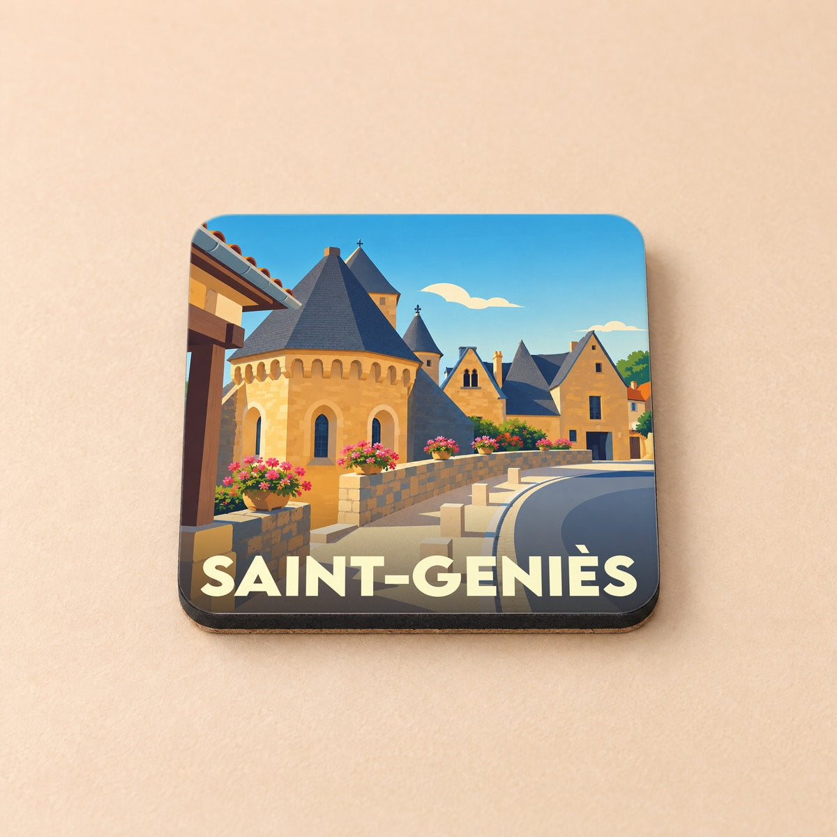 Dessous de verre souvenir de la ville de Saint-Geniès avec une illustration stylisée.