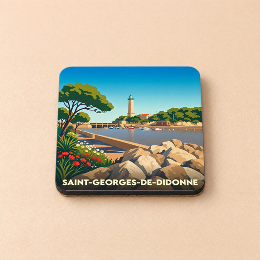 Dessous de verre souvenir de Saint-Georges-de-Didonne avec une illustration stylisée du phare et du port.