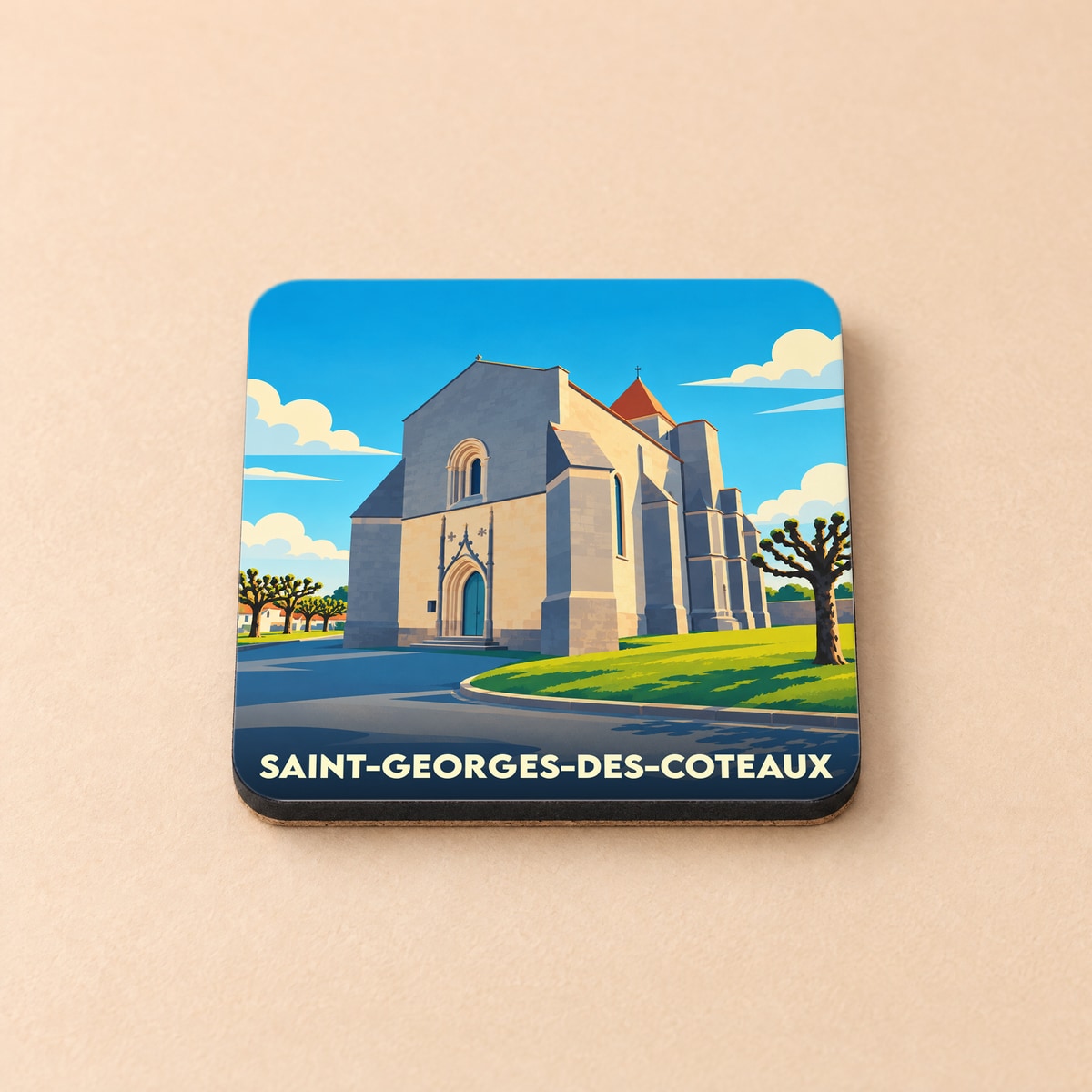 Dessous de verre souvenir de la ville de Saint-Georges-des-Coteaux avec une illustration stylisée de son église.