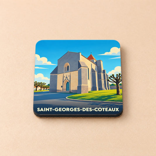 Dessous de verre souvenir de la ville de Saint-Georges-des-Coteaux avec une illustration stylisée de son église.