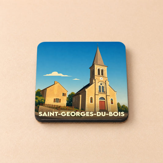Dessous de verre souvenir de la ville de Saint-Georges-du-Bois avec une illustration stylisée de son église.