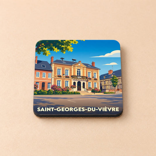 Dessous de verre souvenir de la ville de Saint-Georges-du-Vièvre avec une illustration stylisée de sa mairie.