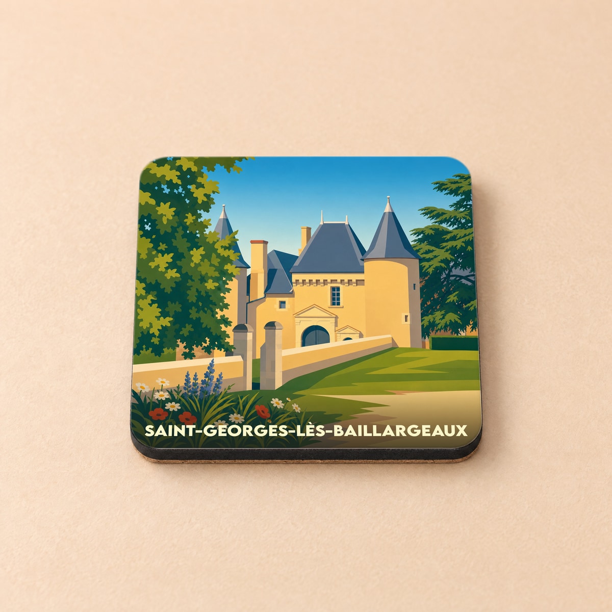 Dessous de verre souvenir de la ville de Saint-Georges-lès-Baillargeaux avec une illustration stylisée de son château.