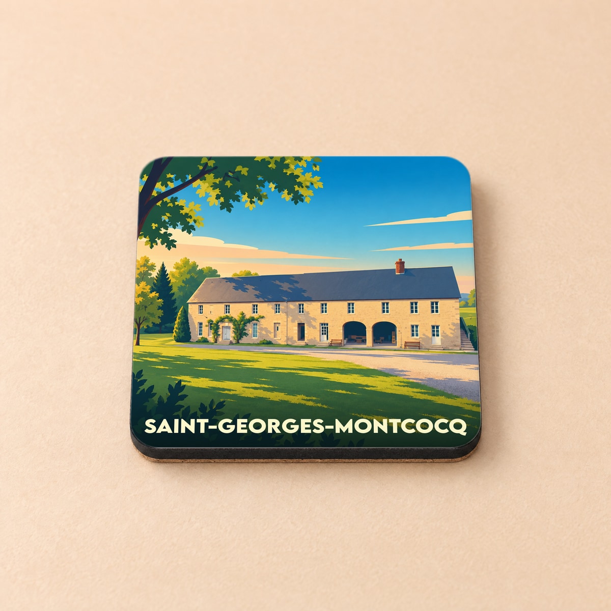 Dessous de verre souvenir de la ville de Saint-Georges-Montcocq avec une illustration stylisée d'un domaine normand.