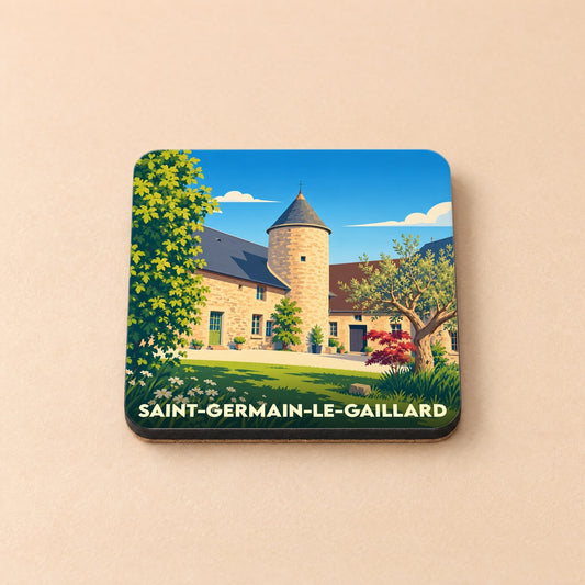 Dessous de verre souvenir de la ville de Saint-Germain-le-Gaillard avec une illustration stylisée d'un manoir normand.