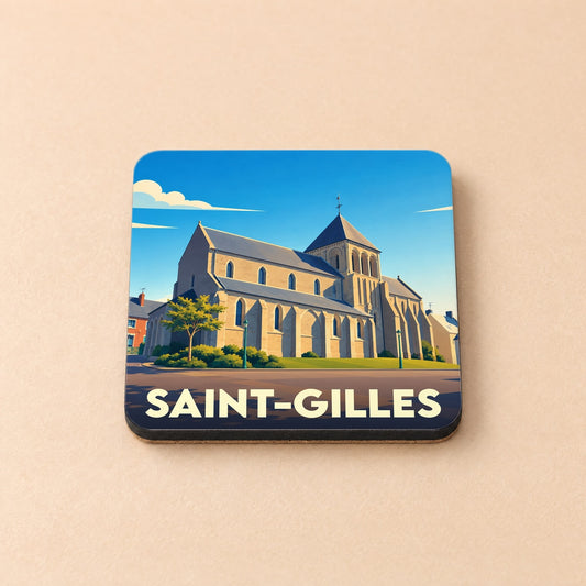 Dessous de verre souvenir de la ville de Saint-Gilles avec une illustration stylisée de son église.