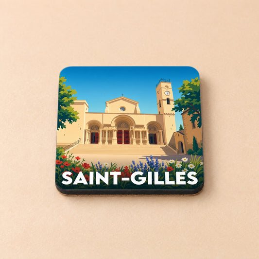 Dessous de verre souvenir de la ville de Saint-Gilles illustrant l'abbaye avec un style graphique moderne.
